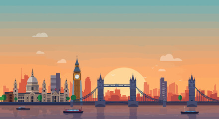 Obraz premium A modern flat design illustration showcasing the iconic London skyline at sunset, featuring prominent landmarks along the River Thames. 
