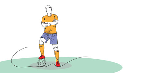 Minimalist line art of a confident male soccer player standing with one foot on the ball, arms crossed. Ideal for sports, football, leadership, confidence, competition, teamwork.