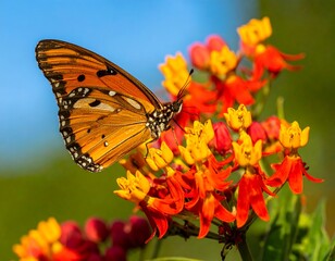 Obraz premium Orange Butterfly on Red and Yellow Flowers.