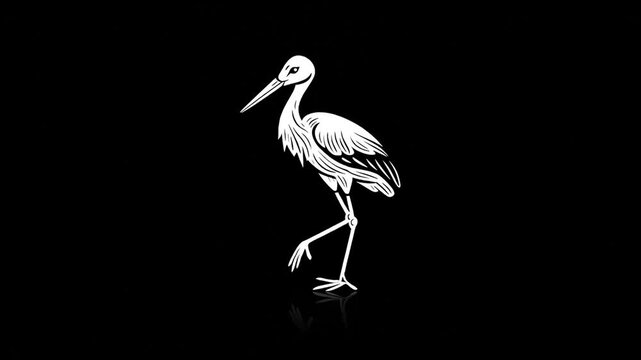 Stylized white stork standing, reflected in black background