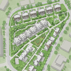 Fototapeta premium An architectural rendering showcases a modern residential complex with townhouses and apartments, integrated into a green, landscaped environment.