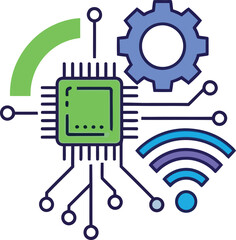 Illustration of a green computer chip with a blue gear and wifi symbol on a white background design