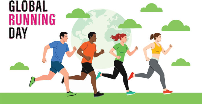 Celebrate Global Running Day with diverse runners achieving fitness goals and promoting health awareness worldwide in a vibrant, motivational illustration - Powered by Adobe