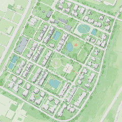 An aerial view showcases a meticulously planned residential community featuring houses, green spaces, and water features in a modern urban design.