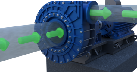 industrial centrifugal pump connected to an electric motor, mounted on a solid base. Transparent piping with bright green arrows highlights the fluid flow direction for visual clarity.