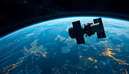 Satellite Orbiting Above Earth At Night