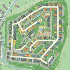 Fototapeta premium An aerial view illustrates a detailed map of a residential neighborhood with houses, roads, and green spaces, showcasing urban planning.