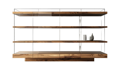 Modern wooden shelving unit, featuring multiple shelves suspended by thin, vertical supports, showcasing a sleek and minimalist design aesthetic, complemented by decorative objects, all presented...