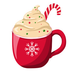 Hand drawn vector illustration of cocoa, hot chocolate, cream Christmas cup with candy cane