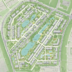 Obraz premium Aerial view of a planned residential community with houses, green spaces, and water features, showcasing urban planning and infrastructure.