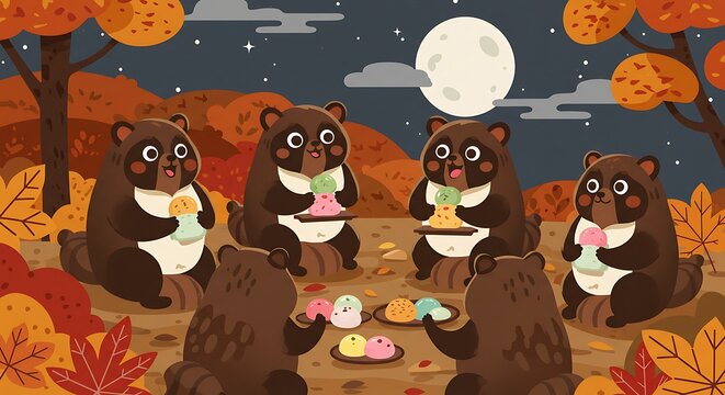 Cute Tanuki Raccoons Enjoying Mochi Under Full Moon in Autumn Forest. Japanese Harvest Festival Illustration. - Powered by Adobe