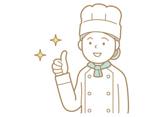 サムズアップするコックコートにコック帽の女性のイラストコックタイ緑