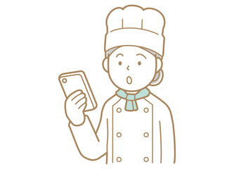 スマートフォンの画面を見るコックコートにコック帽の女性のイラストコックタイ緑