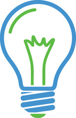 A lightbulb icon with blue outline and green filament on a white background in a minimalist style