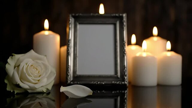 Sympathy remembrance white rose with burning candles and frame for comforting memory and thoughts in dark for funeral service