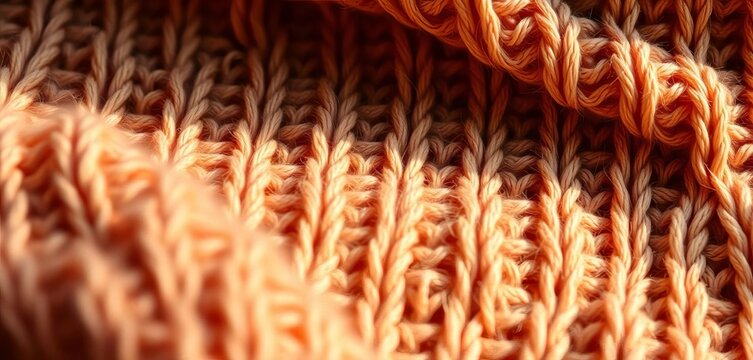 Softly lit, close-up of a chunky knit wool sweater, showing texture and rich warm tones, thread, detail