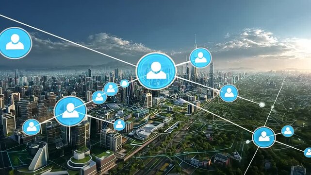 A futuristic cityscape showcasing interconnected digital networks among urban buildings and greenery