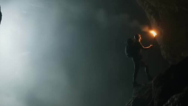 Adventurer explores dark cave holding a torch.