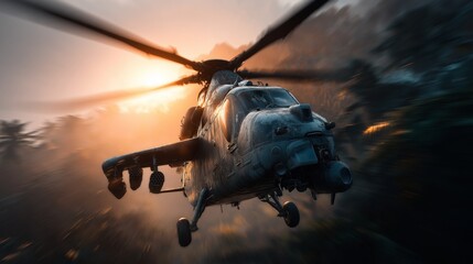 Naklejka premium Armed Combat Helicopter Flying Over Jungle Battlefield at Sunset During War Mission