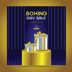 Boxing day sale promotion gift box podium on blue screen background
