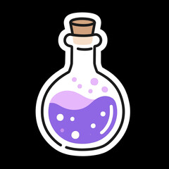A simple and charming sticker-style illustration of a magic potion bottle, a classic and mystical icon for fantasy, alchemy, and whimsical Halloween themes.
