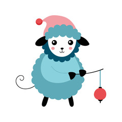 Cute cartoon blue sheep wearing a pink and blue santa hat holding a red christmas ornament against a black background perfect for holiday designs and children s illustrations