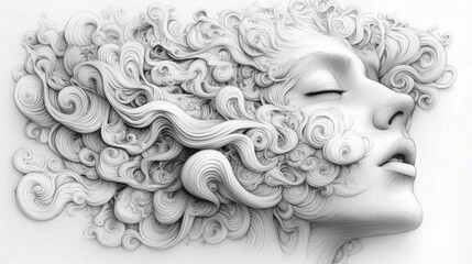 Fototapeta premium Abstract sketch of woman's face with curly hair on a white background. Ideal for art, beauty, or conceptual designs needing elegant simplicity.