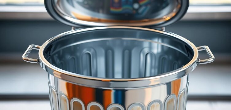 A metallic trash can with its lid open, revealing an empty interior, design, indoor