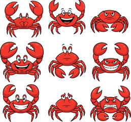 Cartoon crabs with emotional expressions in 3x3 grid, red crustaceans showing joy, anger, sadness, isolated vector illustration for kids