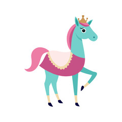 A charming cartoon illustration of a turquoise horse wearing a golden crown and a pink saddle blanket standing elegantly with one leg raised against a black background