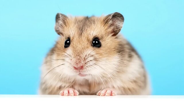 Adorable hamster rodent pet portrait close up with expressive eyes face cute animal small brown studio blue background