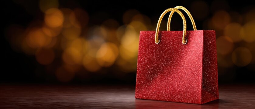 A sparkling red gift bag against a bokeh background, symbolizing celebration and shopping.