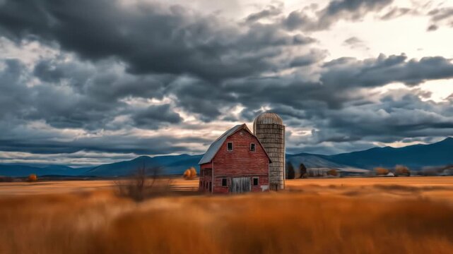A weathered red barn and silo stand in a field of golden grass under a dramatic, overcast sky. Mountains are in the distance