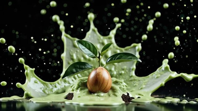 Avocado Seed Rising A Splash of Nature's Elegance with a Dark Background, Artistic Concept