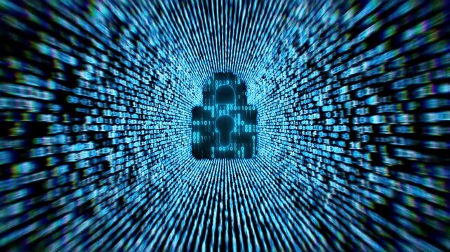 Abstract Digital Illustration of Cybersecurity and Data Protection With Binary Code Flow. Tech Background Concept of Encryption, Privacy, Artificial Intelligence and Global Technology Innovation 4k
