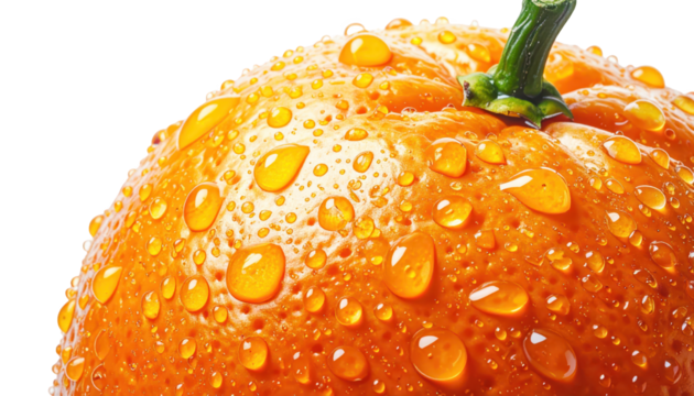 photograph showcases a vibrant, juicy orange citrus fruit with droplets of water glistening on its textured peel, emphasizing freshness against a stark black background with saturated color and...