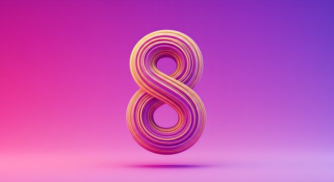 the numeral '8' crafted from intertwining metallic gold,soft violet ribbons,centered on a vibrant pink,purple gradient background.The ribbons form a continuous,strong loop