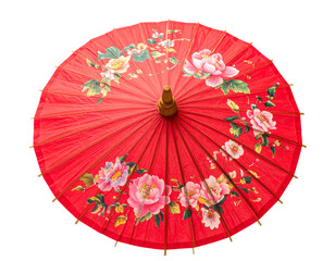 Traditional Chinese Parasol with Floral Design, Front View, Isolated on Transparent Background