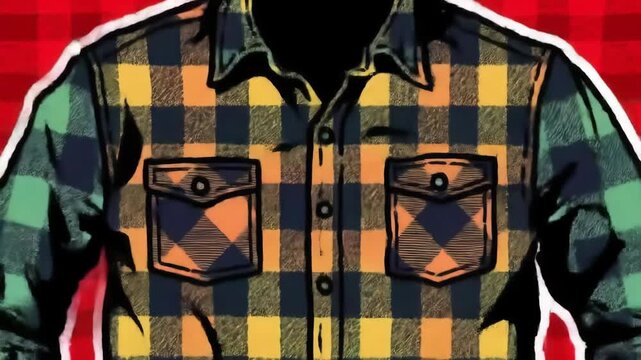 A detailed illustration of a flannel shirt, featuring a checkered pattern design and pockets with button details, set against a vibrant red plaid backdrop, conveying a vintage and stylish aesthetic.