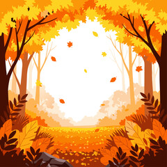 Vibrant autumn forest landscape with falling leaves, a beautiful fall season background illustration featuring warm colors and an empty central space for your design