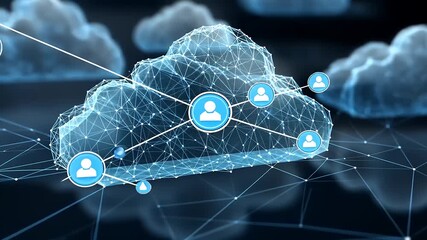 Digital cloud network connecting user profiles with data streams and abstract cloud formations in background - Powered by Adobe