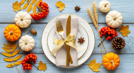 Festive Autumn Table Setting with Mini Pumpkins and Golden Cutlery for Halloween Dinner