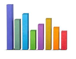Colorful 3D bar graph illustration showcases data visualization through ascending and descending bars, set against a solid black background, conveying information visually and representing data...