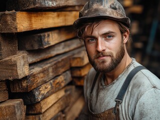 Worker in hardhat stands near a stack of treated lumber boards. Use for construction, industry, or skilled trades themed project.