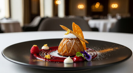 Elegant plated dessert with raspberry, cream, and decorative edible gold in fine dining setting