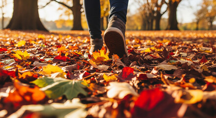 Walking on colorful autumn leaves in park with warm sunlight and cozy shoes