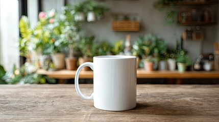 Fototapeta premium White mug on rustic wooden table, blurred greenery background