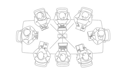 Overhead view of a business meeting with eight people seated around a table, using laptops.