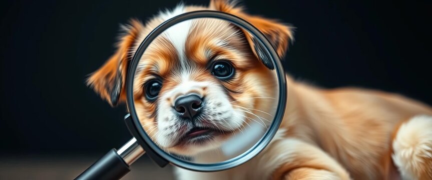 A playful puppy peering through a large magnifying glass, focus, texture