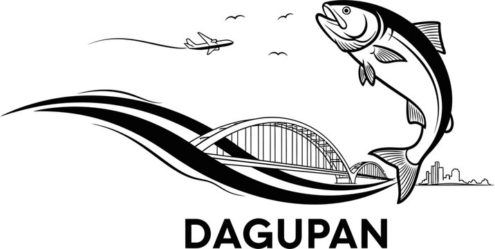 Dagupan City Landmark Illustration with Fish and Plane